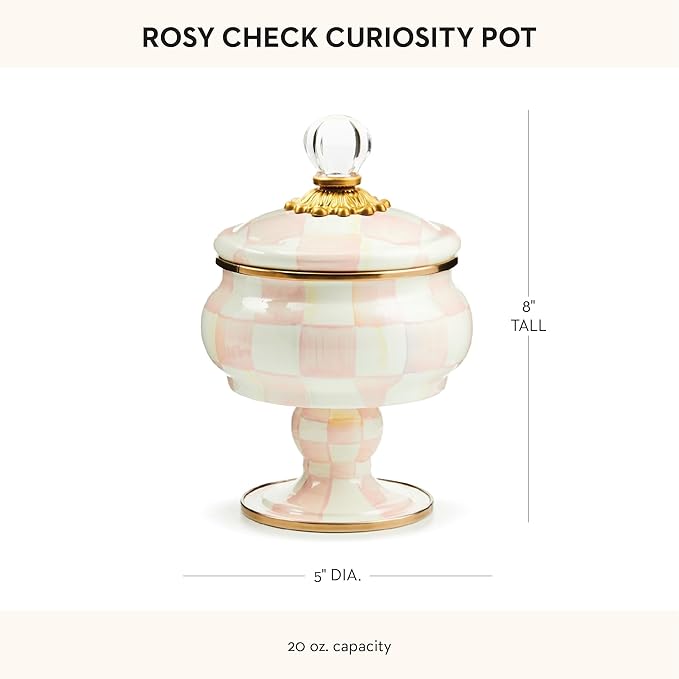Enamel Curiosity Pot, Decorative Container for Home Decor, Pink-and-White Rosy Check