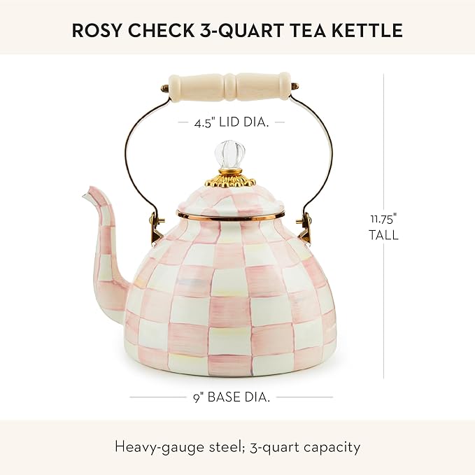 Enamel Tea Kettle, Stylish Tea Kettle for Stovetop, Pink-and-White Rosy Check, 3 Quarts
