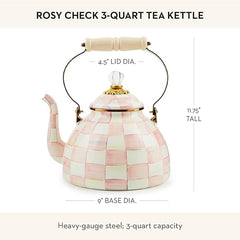 Enamel Tea Kettle, Stylish Tea Kettle for Stovetop, Pink-and-White Rosy Check, 3 Quarts