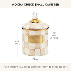 Small Enamel Canister, Kitchen Storage Container with Lid, Brown-and-White Mocha Check
