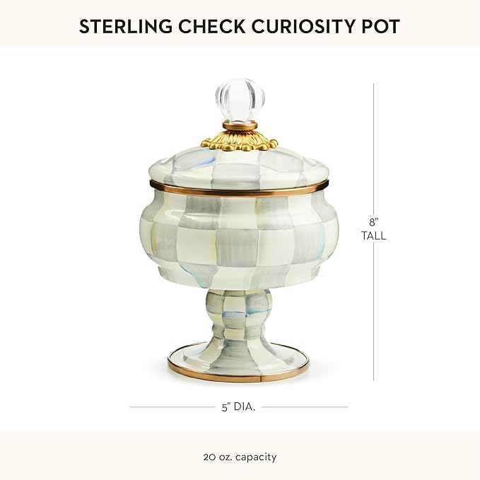 Enamel Curiosity Pot, Decorative Container for Home Decor, Gray-and-White Sterling Check