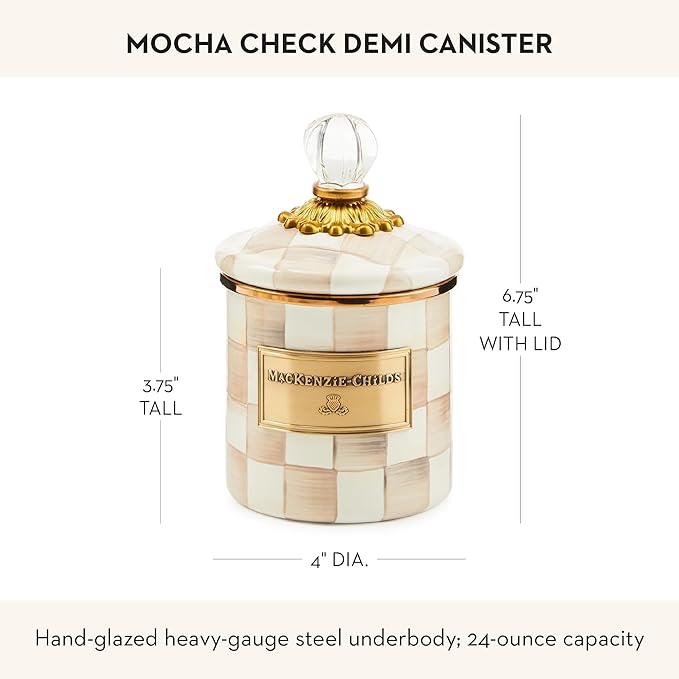Demi Enamel Canister, Kitchen Storage Container with Lid, Brown-and-White Mocha Check