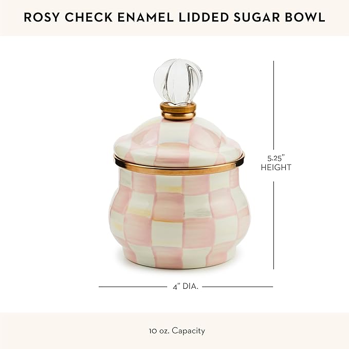 Enamel Lidded Sugar Bowl, Small Serving Bowl with Lid, 10-Ounce Capacity, Pink-and-White Rosy Check