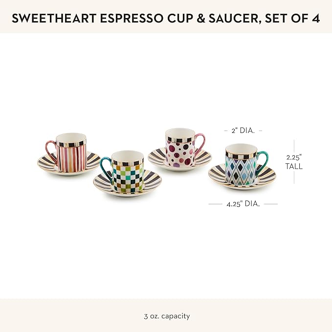 Sweetheart Espresso Cup and Saucer Set, Cute Porcelain Espresso Cups and Saucers for Coffee, Set of 4