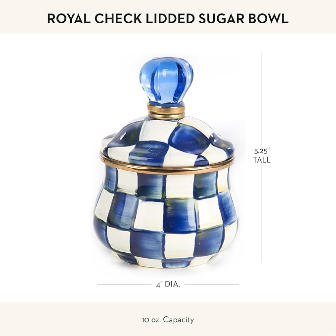 Enamel Lidded Sugar Bowl, Small Serving Bowl with Lid, 10-Ounce Capacity, Blue-and-White Royal Check