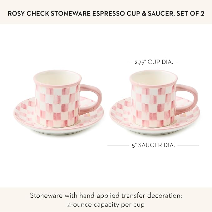 Set of 2 Stoneware Espresso Cup and Saucer, Cute Coffee Cups, Pink-and-White Rosy Check