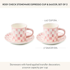 Set of 2 Stoneware Espresso Cup and Saucer, Cute Coffee Cups, Pink-and-White Rosy Check