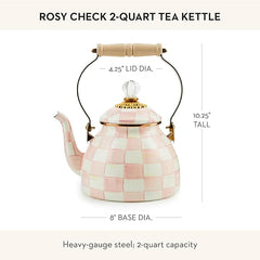 Enamel Tea Kettle, Stylish Tea Kettle for Stovetop, Pink-and-White Rosy Check, 2 Quarts