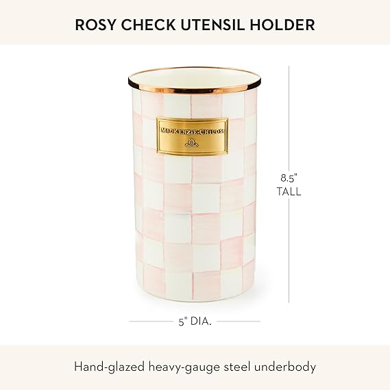 Enamel Utensil Holder, Kitchen Utensil Holder for Countertop, Storage Caddy, Pink-and-White Rosy Check