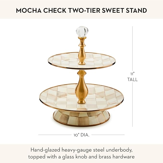 Enamel Two-Tier Sweet Stand, Two-Tiered Serving Tray for Dessert, Brown-and-White Mocha Check
