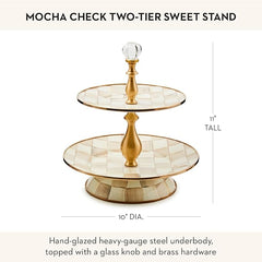 Enamel Two-Tier Sweet Stand, Two-Tiered Serving Tray for Dessert, Brown-and-White Mocha Check