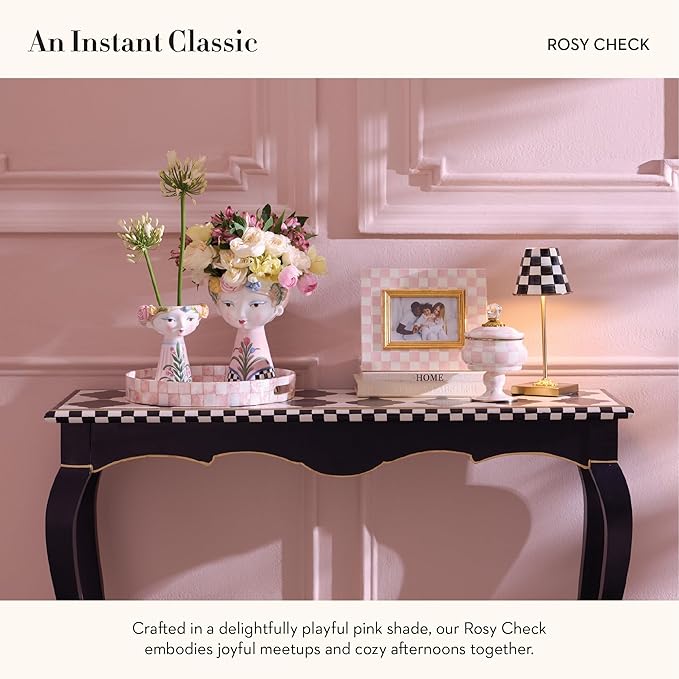 Enamel Curiosity Pot, Decorative Container for Home Decor, Pink-and-White Rosy Check