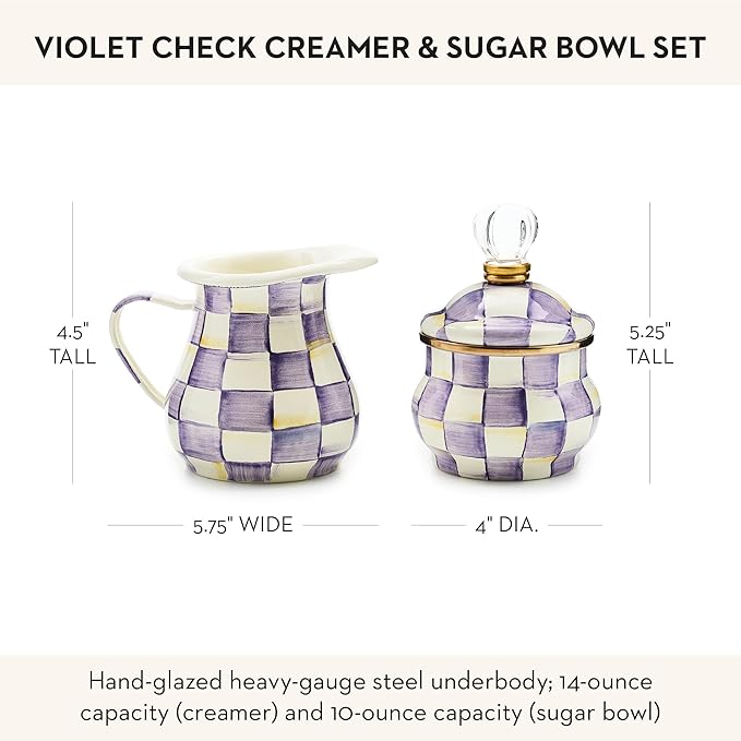 Enamel Creamer and Sugar Bowl Set, Cream Dispenser with Pour Spout and Sugar Holder, Unique Kitchen Decor, Purple-and-White Violet Check