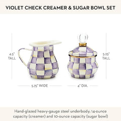 Enamel Creamer and Sugar Bowl Set, Cream Dispenser with Pour Spout and Sugar Holder, Unique Kitchen Decor, Purple-and-White Violet Check