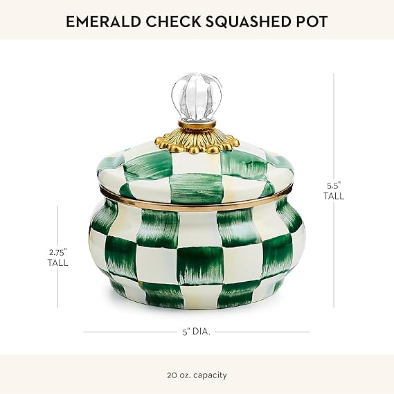 Enamel Squashed Pot, Cute Enameled Container with Lid, 20 Ounces, Green-and-White Emerald Check