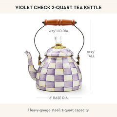 Enamel Tea Kettle, Decorative Tea Kettle for Stovetop, 2 Quarts, Purple-and-White Violet Check