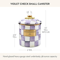 Enamel Canister, Kitchen Storage Container with Lid, Small, Purple-and-White Violet Check