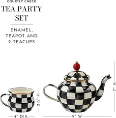 Enamel Tea Party Set, Unique Teapot and Teacups, Tea Accessories Set, Black-and-White Courtly Check