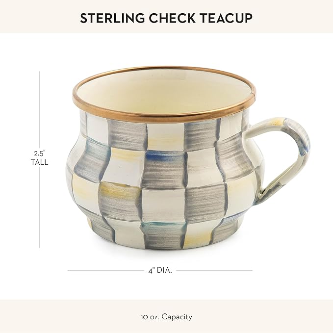 Enamel Teacup, Unique Coffee and Tea Mug, Enamel Cup for Hot Tea, 10 Ounces, Gray-and-White Sterling Check