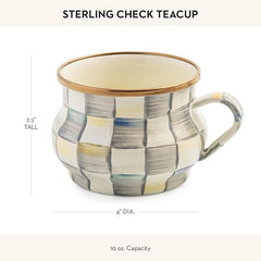 Enamel Teacup, Unique Coffee and Tea Mug, Enamel Cup for Hot Tea, 10 Ounces, Gray-and-White Sterling Check