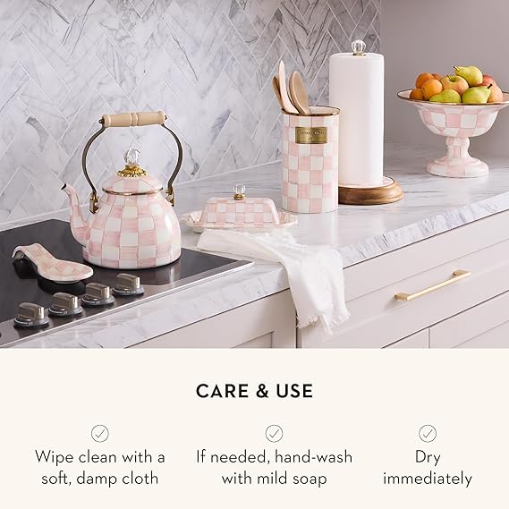 Enamel Utensil Holder, Kitchen Utensil Holder for Countertop, Storage Caddy, Pink-and-White Rosy Check