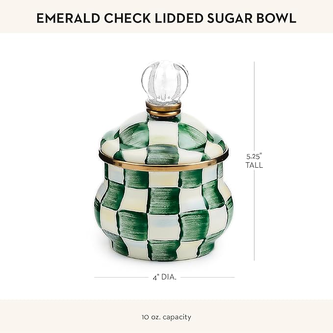 Enamel Lidded Sugar Bowl, Small Serving Bowl with Lid, 10-Ounce Capacity, Green-and-White Emerald Check