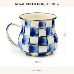 Enamel Mug, Cute Enamelware Coffee and Tea Mug, Unique Drinkware, 16 Ounces, Blue-and-White Royal Check, Set of 4