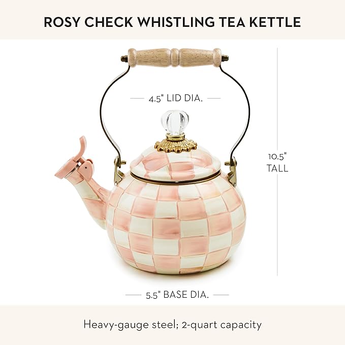 Enamel Whistling Tea Kettle, Decorative Teapot, Pink-and-White Rosy Check