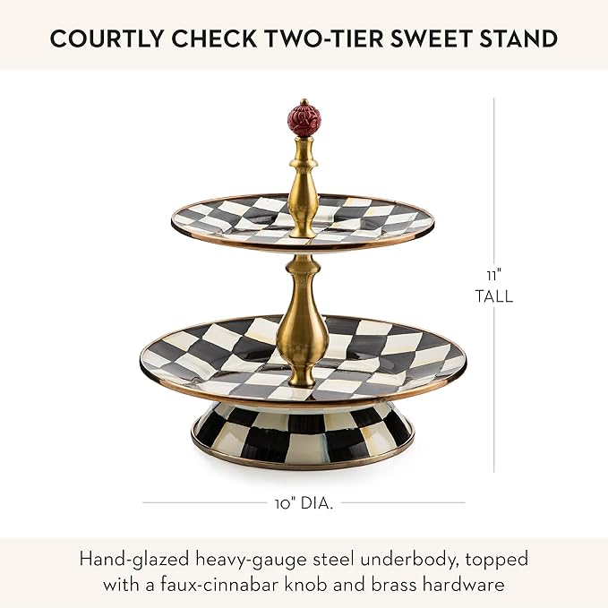 Enamel Two-Tier Sweet Stand, Two-Tiered Serving Tray for Dessert, Black-and-White Courtly Check