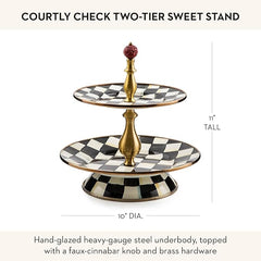Enamel Two-Tier Sweet Stand, Two-Tiered Serving Tray for Dessert, Black-and-White Courtly Check