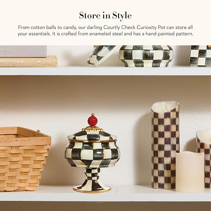 Enamel Curiosity Pot, Decorative Container for Home Decor, Black-and-White Courtly Check