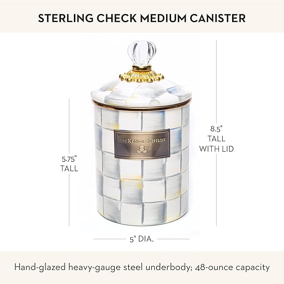 Medium Enamel Canister, Kitchen Storage Container for Flour and Sugar, 1.42 Liters, Grey-and-White Sterling Check
