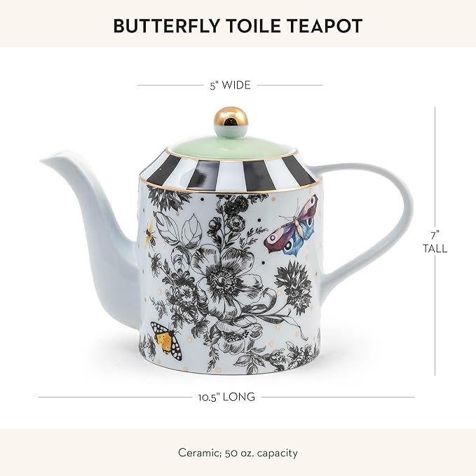 Ceramic Teapot, Cute Teapot with Lid, 50-Ounce Capacity, Butterfly Toile