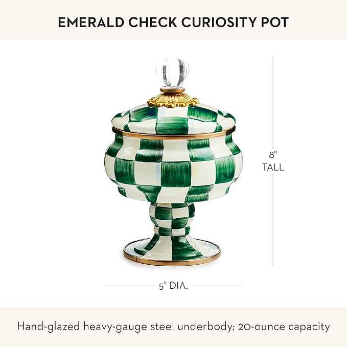 Enamel Curiosity Pot, Decorative Container for Home Decor, Green-and-White Emerald Check