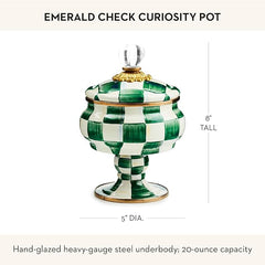 Enamel Curiosity Pot, Decorative Container for Home Decor, Green-and-White Emerald Check