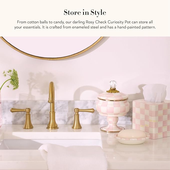 Enamel Curiosity Pot, Decorative Container for Home Decor, Pink-and-White Rosy Check