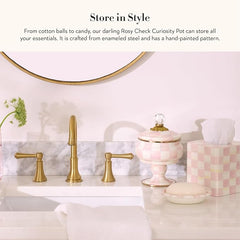Enamel Curiosity Pot, Decorative Container for Home Decor, Pink-and-White Rosy Check