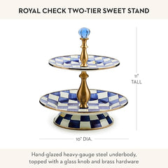 Enamel Two-Tier Sweet Stand, Two-Tiered Serving Tray for Dessert, Blue-and-White Royal Check