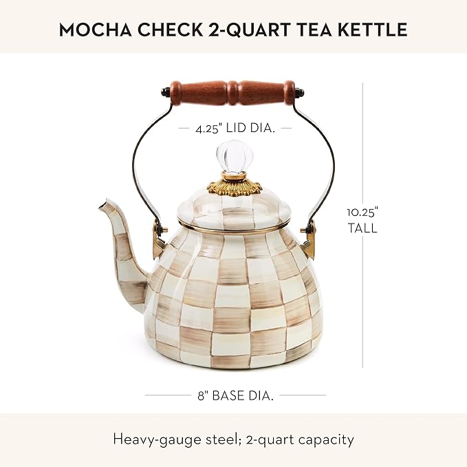 Enamel Tea Kettle, Stylish Tea Kettle for Stovetop, Brown-and-White Mocha Check, 2 Quarts