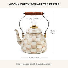 Enamel Tea Kettle, Stylish Tea Kettle for Stovetop, Brown-and-White Mocha Check, 2 Quarts