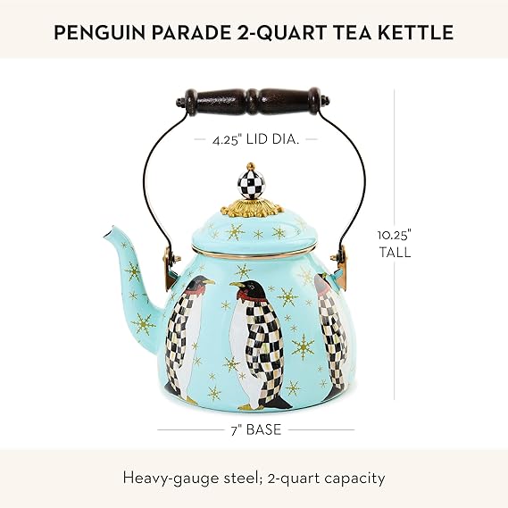 Enamel Tea Kettle, Cute Tea Kettle for Stovetop, 2 Quarts, Penguin Parade