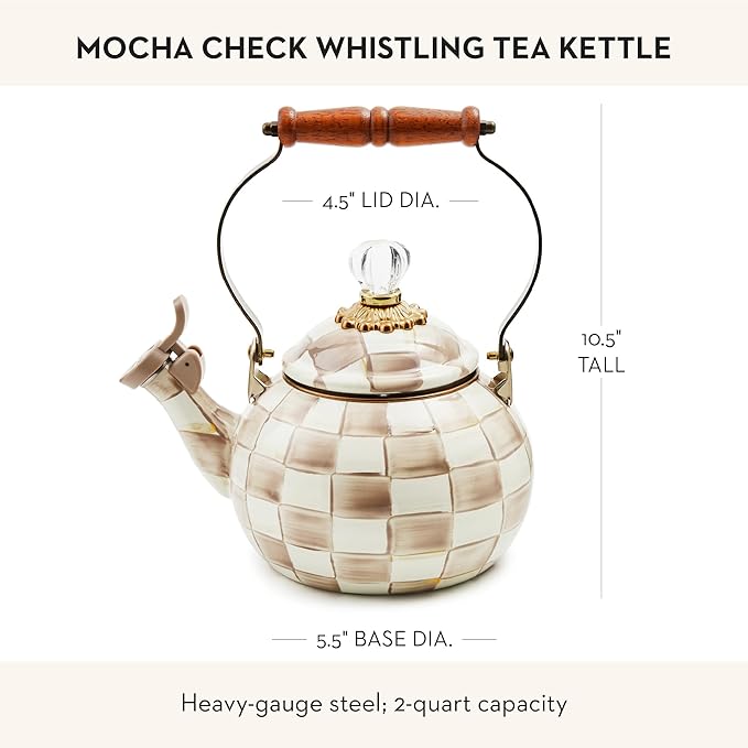 Enamel Whistling Tea Kettle, Decorative Teapot for Stovetop, Brown-and-White Mocha Check