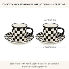 Set of 2 Stoneware Espresso Cup and Saucer, Cute Coffee Cups, Black-and-White Courtly Check