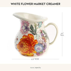 Enamel Creamer, Creamer Dispenser with Pour Spout, Kitchen Enamelware, 14-Ounce Capacity, White Flower Market