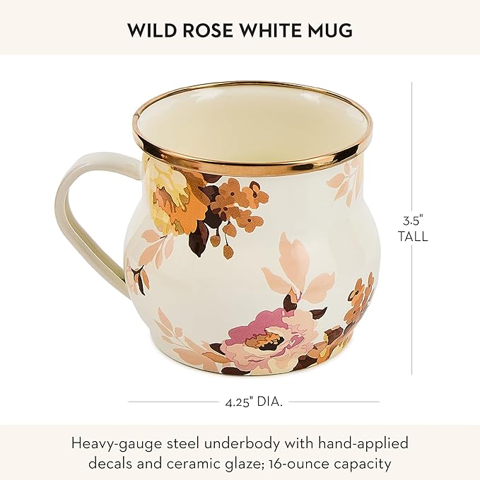 Enamel Mug, Cute Enamelware Tea or Coffee Mug, Wild Rose White