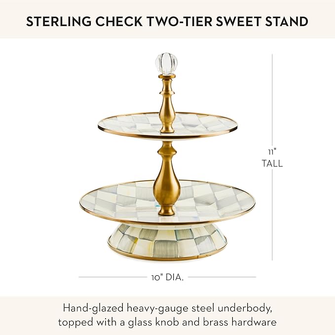 Enamel Two-Tier Sweet Stand, Two-Tiered Serving Tray for Dessert, Gray-and-White Sterling Check
