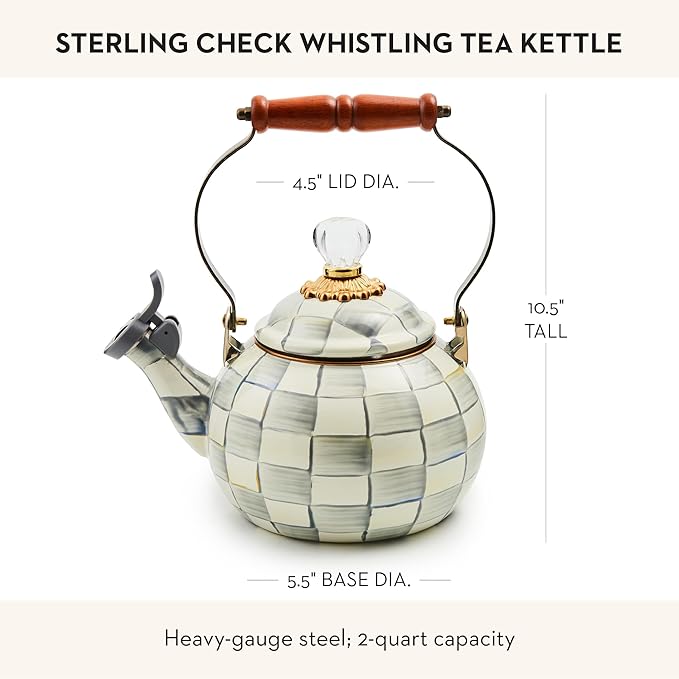 Enamel Whistling Tea Kettle, Decorative Teapot for Stovetop, Gray-and-White Sterling Check