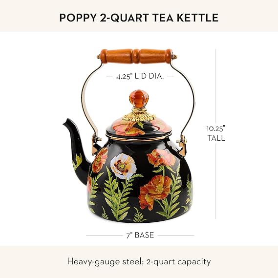 Enamel Tea Kettle, Cute Tea Kettle for Stovetop, 2 Quarts, Poppy