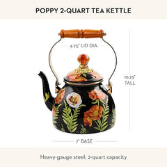 Enamel Tea Kettle, Cute Tea Kettle for Stovetop, 2 Quarts, Poppy