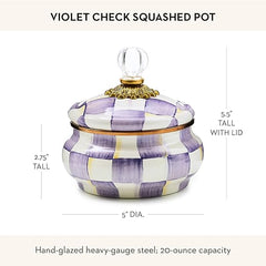Enamel Squashed Pot, Enamelware Storage Canister with Lid, 20 Ounces, Purple-and-White Violet Check